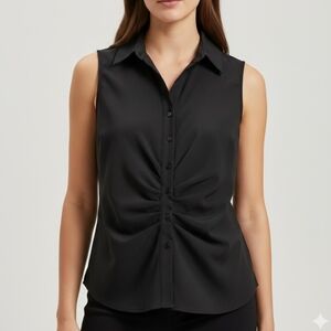 Modern Works Black Sleeveless Ruched Button Down Top Blouse L Officecore Minimal